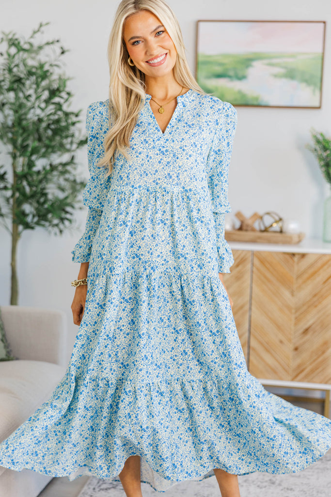 ditsy floral dress NURSING COLLECTION: What A Surprise Blue Ditsy Floral Tiered Midi Dress, Large - The Mint Julep Boutique