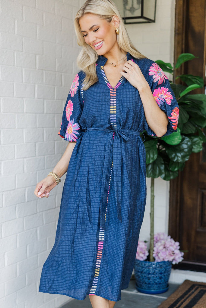 thml fall dresses THML: The Consistency Navy Blue Embroidered Midi Dress mkt_eventwear_guest Size:20x24 Length Silhouette Toddler Girls Christmas Long