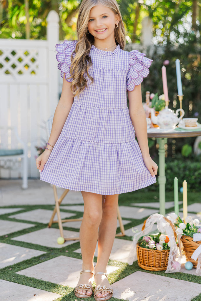 Girls: The Holland Lavender Gingham Scalloped Dress, (8/10) - The Mint Julep Boutique