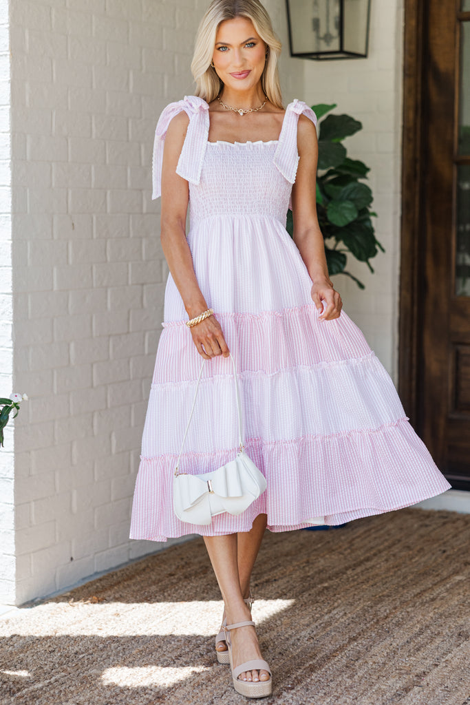 On Top Of The World Pink Seersucker Midi Dress