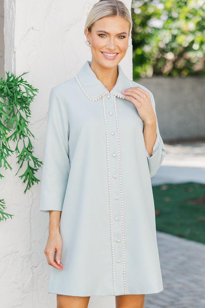 The Kindness Light Blue Pearl Embellished Button Down Dress – Shop the Mint