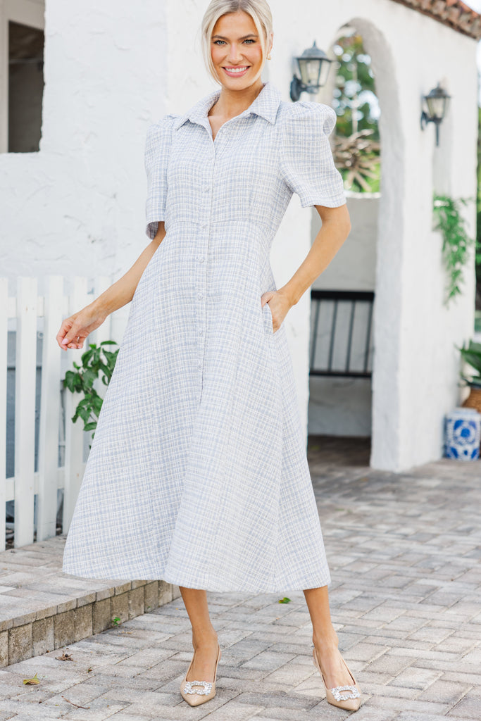 Take It As It Is Light Blue Tweed Midi Dress – Shop the Mint