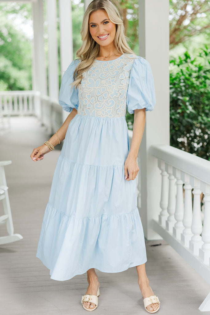fitted lace wedding dress The Haven Light Blue Embroidered Midi Dress – Shop the Mint main image 0