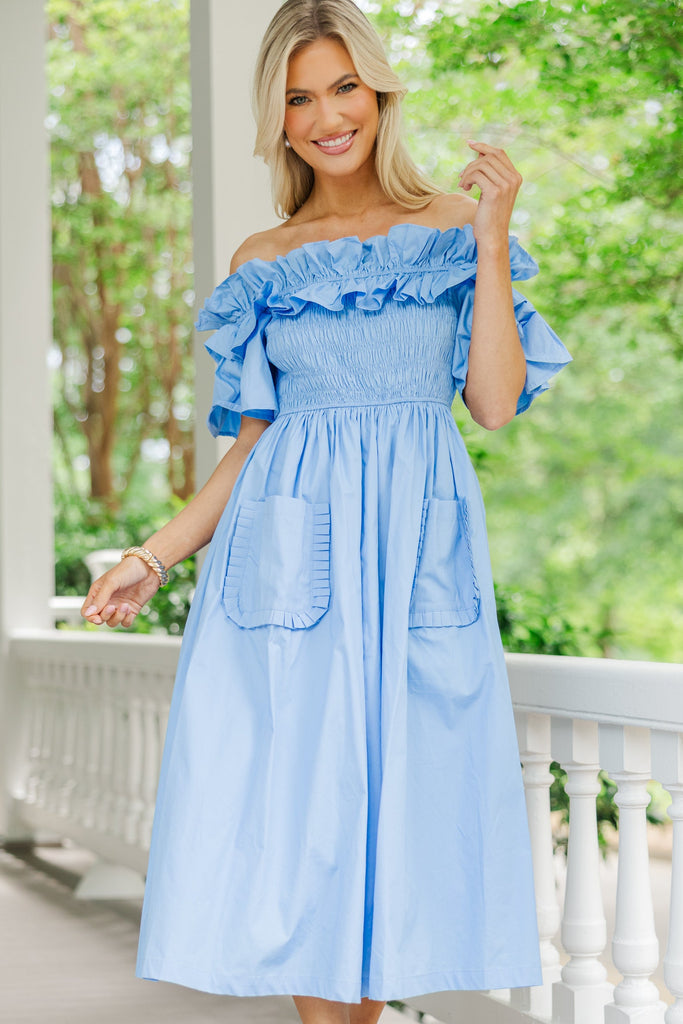 Fair To Say Soft Blue Ruffled Midi Dress – Shop the Mint