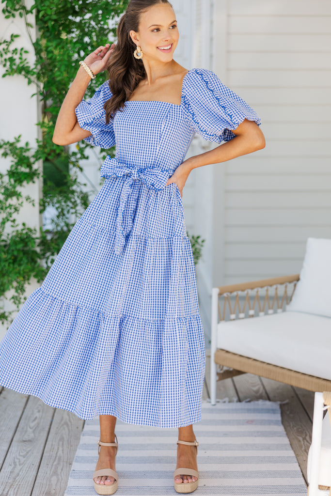 The Notion Blue Gingham Midi Dress, Large - The Mint Julep Boutique