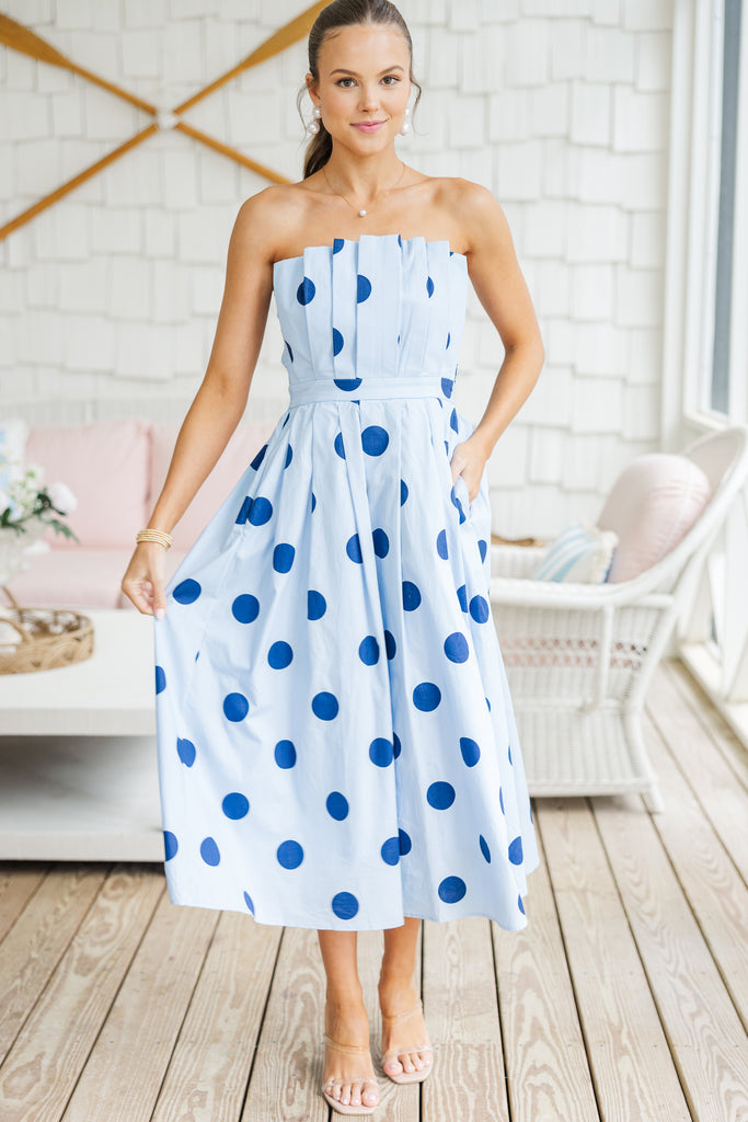 blue white dot dress Look It Over Polka Midi HOLIDAY 2024 2000s Themed Party Outfit style dress thats both Size:Large 10-12