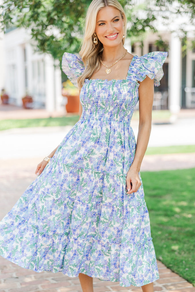 purple and blue floral dress In The Distance Midi Vintage Light Blue V-neck Oversized Dress Do Not Bleach Color:Misty  Blue
