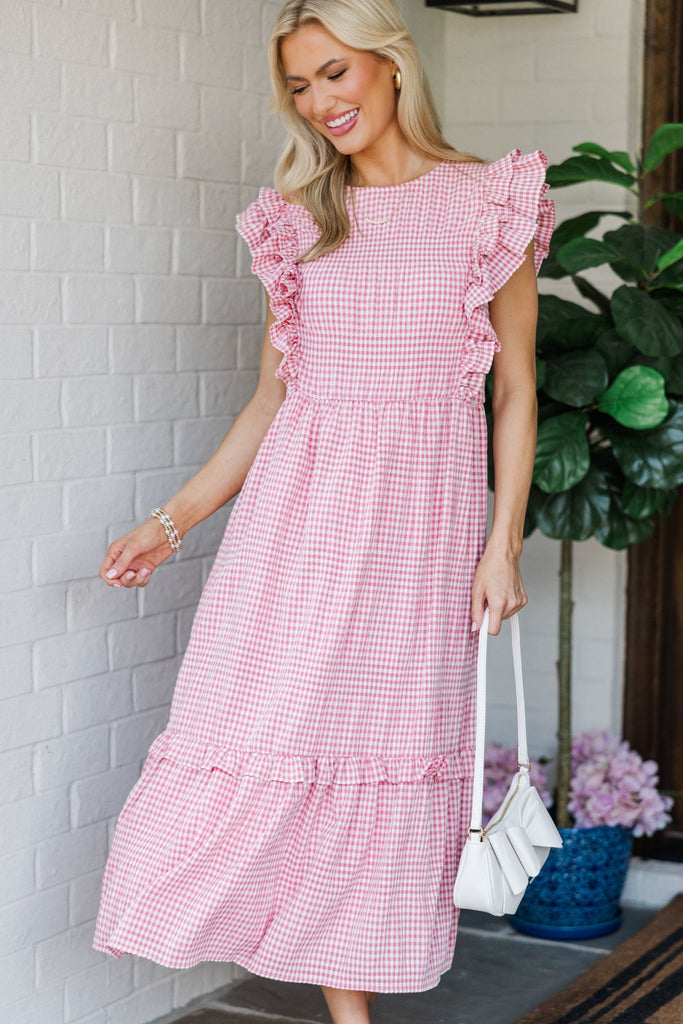 Feminine Pursuits Pink Gingham Midi Dress – Shop the Mint