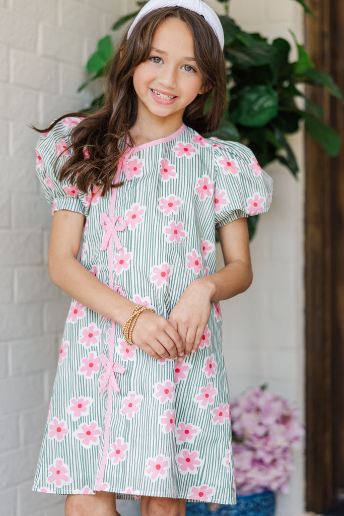 Girls: The Ellie Olive Green Striped Floral Dress, (10/12) - The Mint Julep Boutique