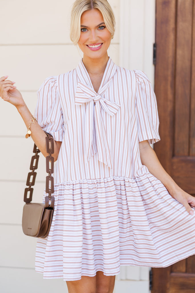Once Upon A Dream Taupe Striped Dress, Large - The Mint Julep Boutique | Women's Boutique Clothing