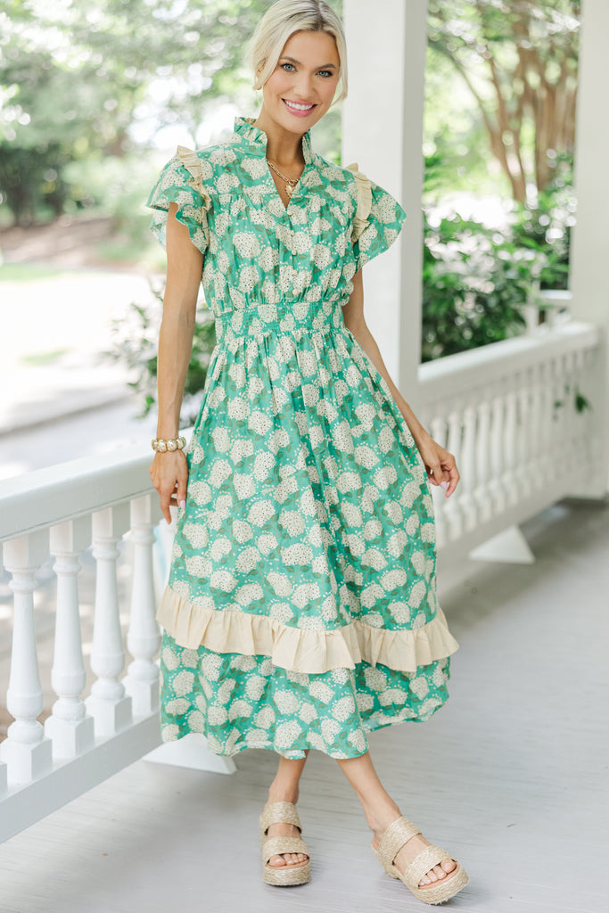 green jade dress On Your Time Jade Green Floral Midi Dress – Shop the Mint