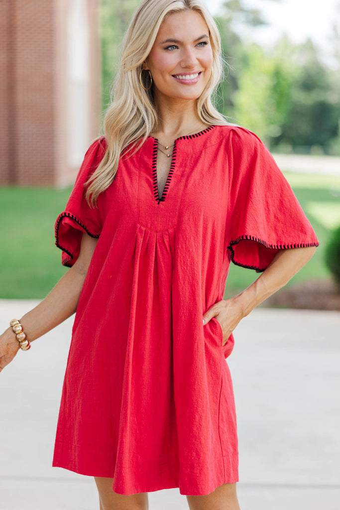 red and black contrast dress Chic Red Contrast Collar Black Midi Dress