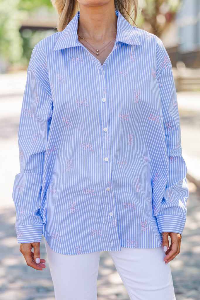 Back To Work Blue Bow Embroidery Stripe Shirt – Shop the Mint