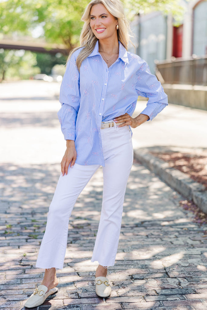 Back To Work Blue Bow Embroidery Stripe Shirt – Shop the Mint
