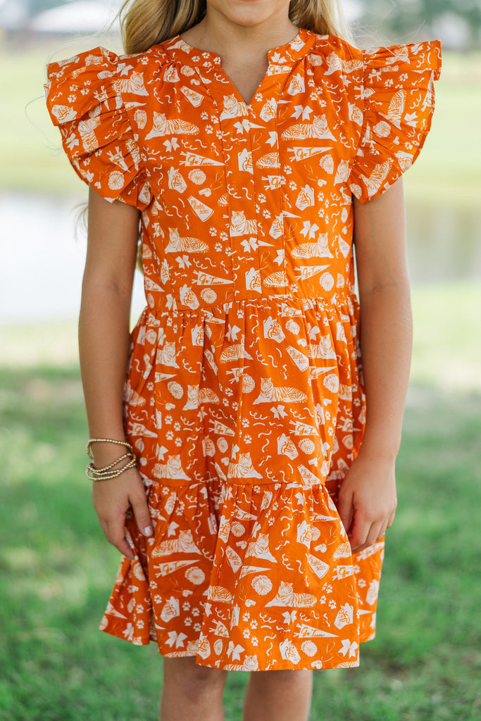 orange print dress Girls: At This Time Orange Tiger Print Dress, (14/16) - The Mint Julep Boutique