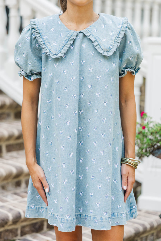 Blue Jean Beauty Denim Bow Embroidered Dress, X-Large - The Mint Julep Boutique