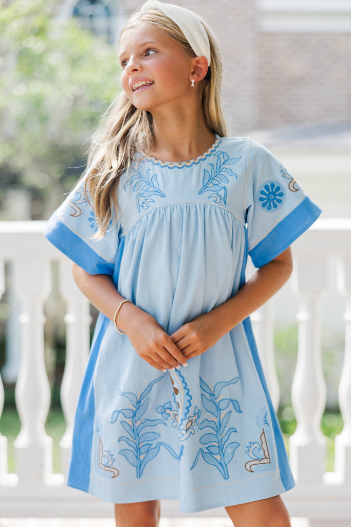 Girls: Twirl Me Pretty Blue Embroidered Mini Dress, (10/12) - The Mint Julep Boutique