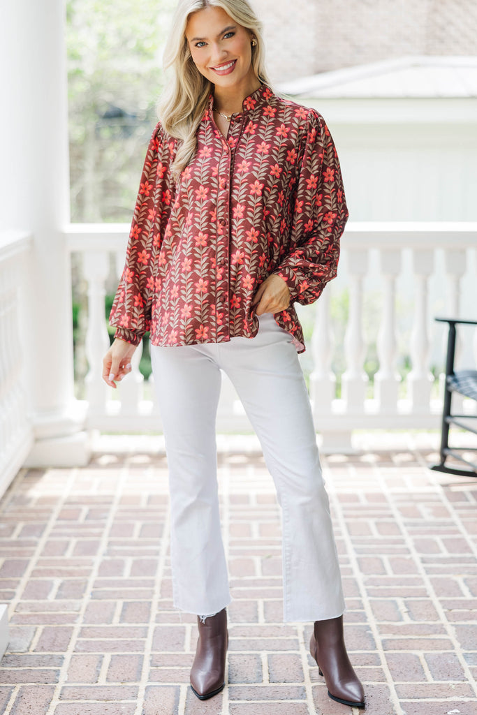 Strolls Through The Garden Burgundy Floral Blouse, Medium - The Mint Julep Boutique