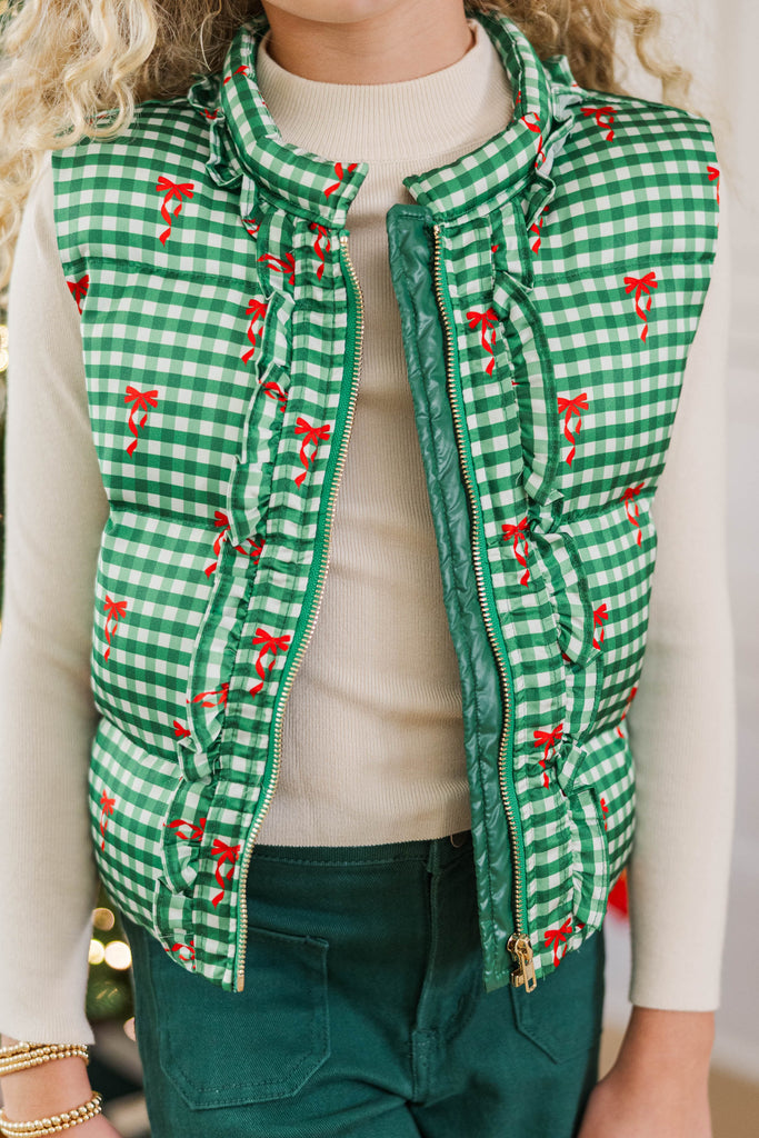 Girls Buffalo Plaid Quilted Vest – Cotton Blend Puff Lined Gilet For Kids, Green Sleeveless Jacket