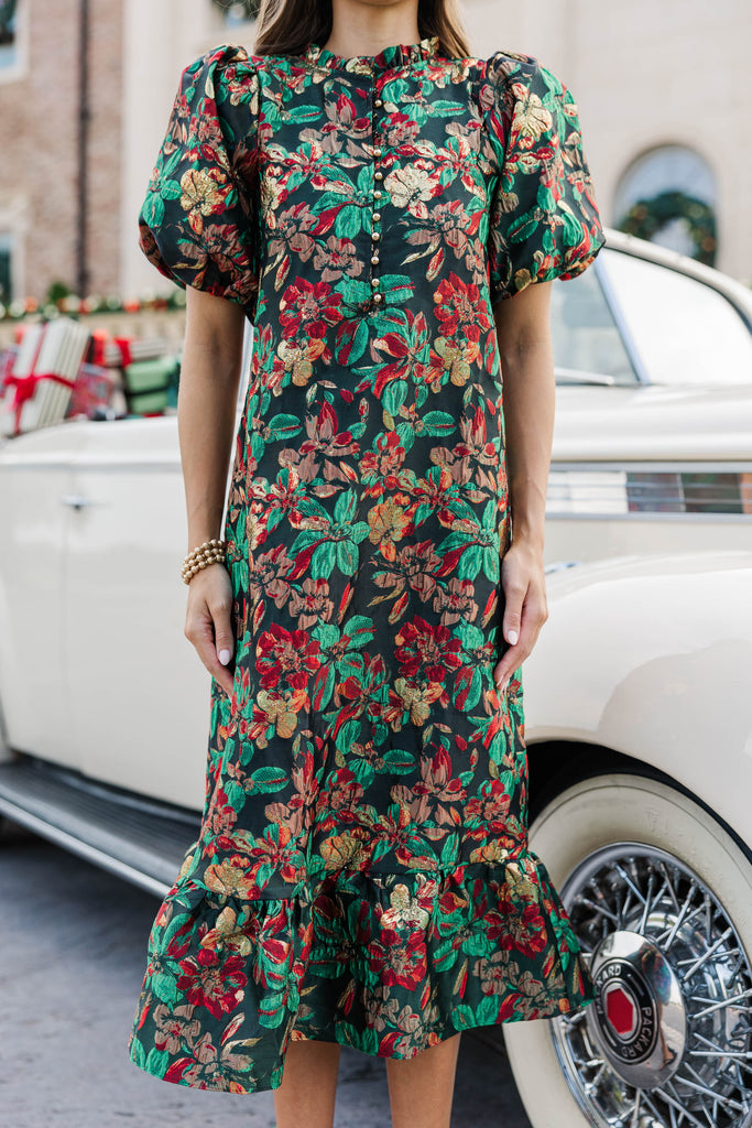 See The Light Emerald Floral Brocade Midi Dress, Small - The Mint Julep Boutique