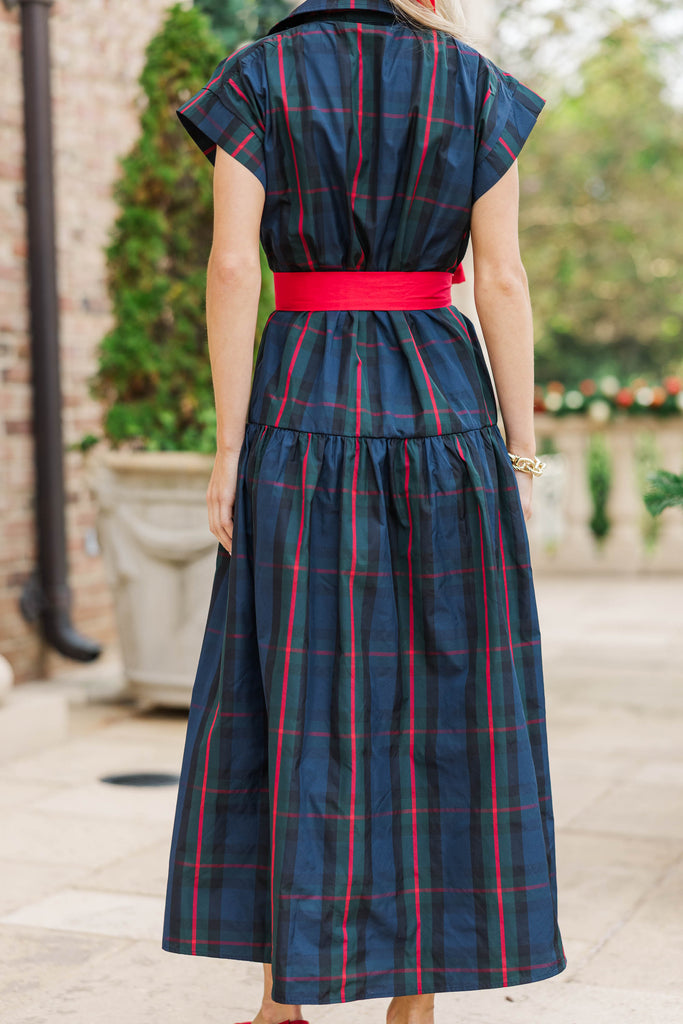 plaid flowy dress Feeling Inspired Navy Maxi On the Weekend Fabric:100% cotton Maeve Modest Prom Dress 8) / L (10