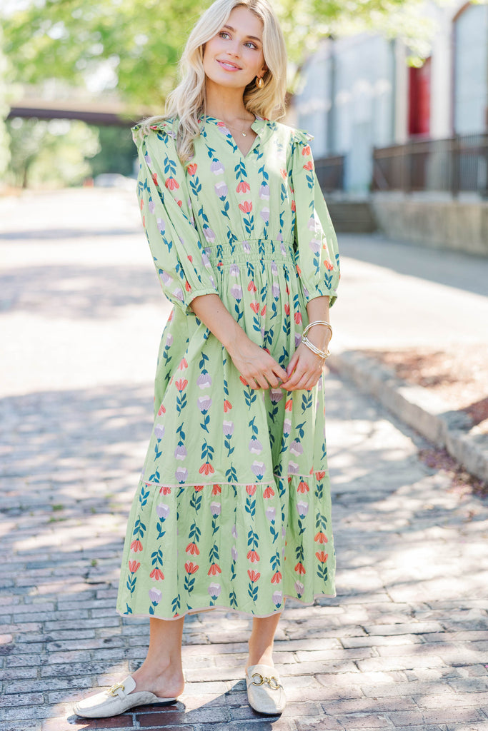 Chasing Grace Sage Floral Midi Dress, Medium - The Mint Julep Boutique