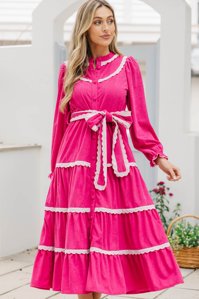 midi long sleeve pink dress So In Love Fuchsia Scalloped Midi Dress, X-Small - The Mint Julep Boutique