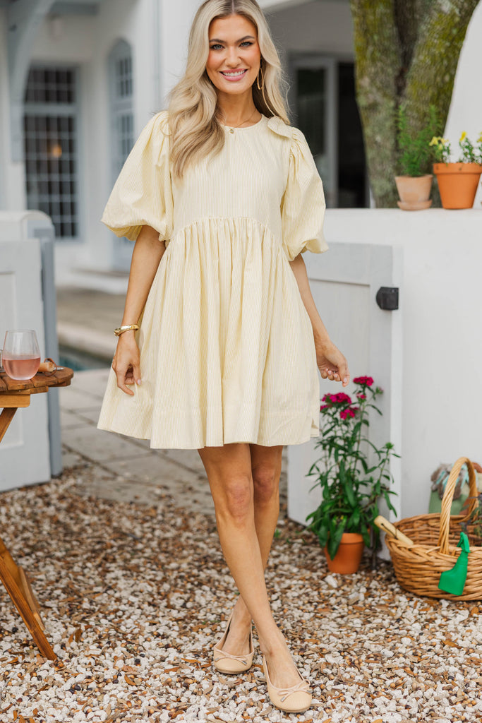 yellow babydoll dress long sleeve Floral Yellow Babydoll Mini Dress: Deep V-neck, Long Sleeve (M/LG)