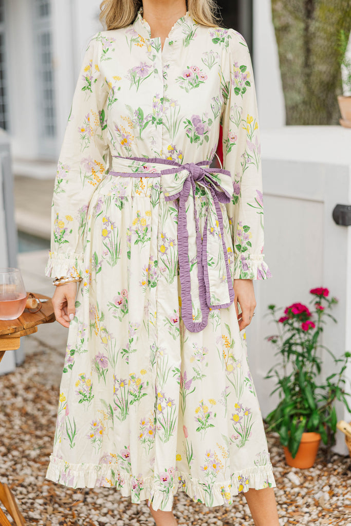 linen patterned dress Living Easy Cream Floral Linen Midi Dress, Large - The Mint Julep Boutique