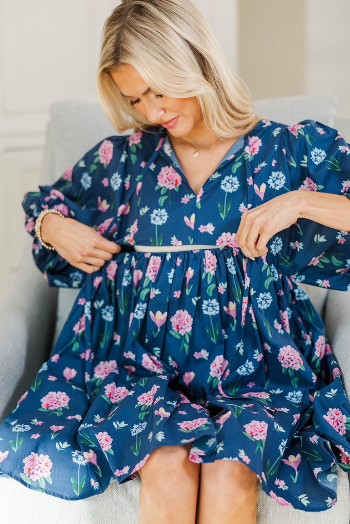 NURSING COLLECTION: It's All True Navy Floral Short Sleeve Dress, Medium - The Mint Julep Boutique