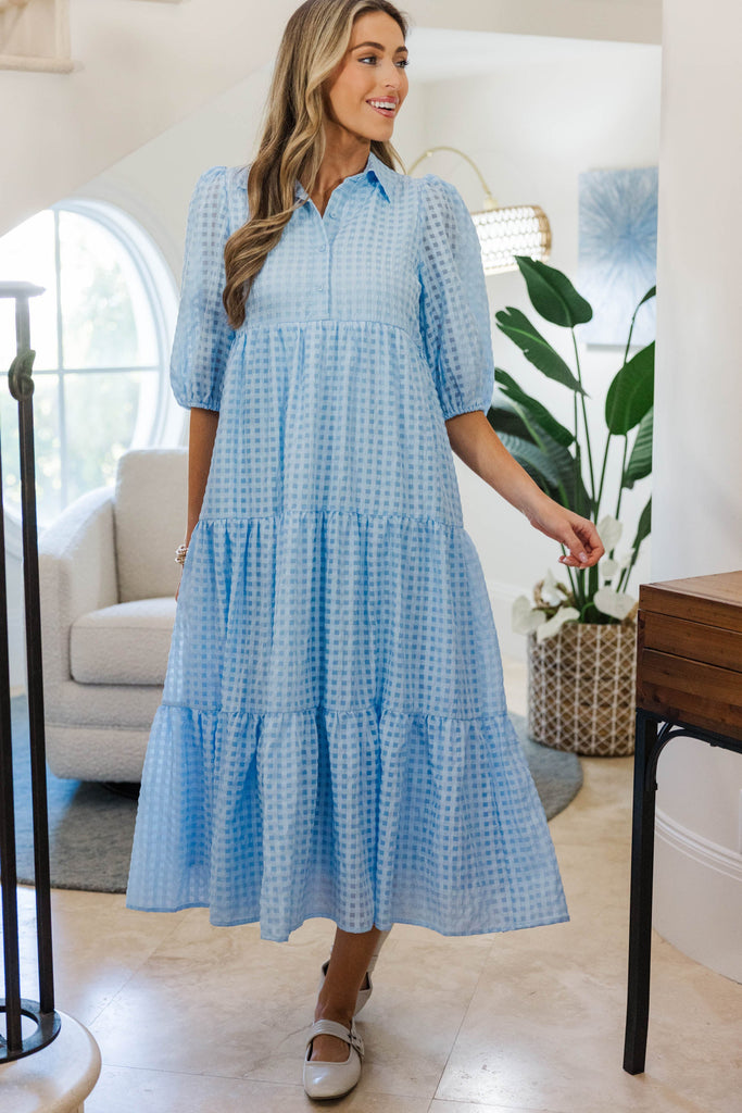blue gingham puff sleeve dress The Children's Place Womens Mommy And Me Gingham Poplin Smocked Tiered Dress | Size 2XL | Blue