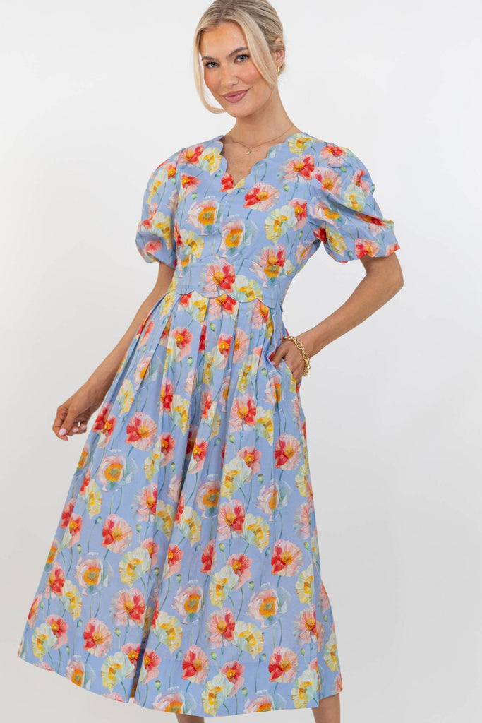 blue garden dress Rose Garden Tiered Ruffle Floral Trim Dress Blue