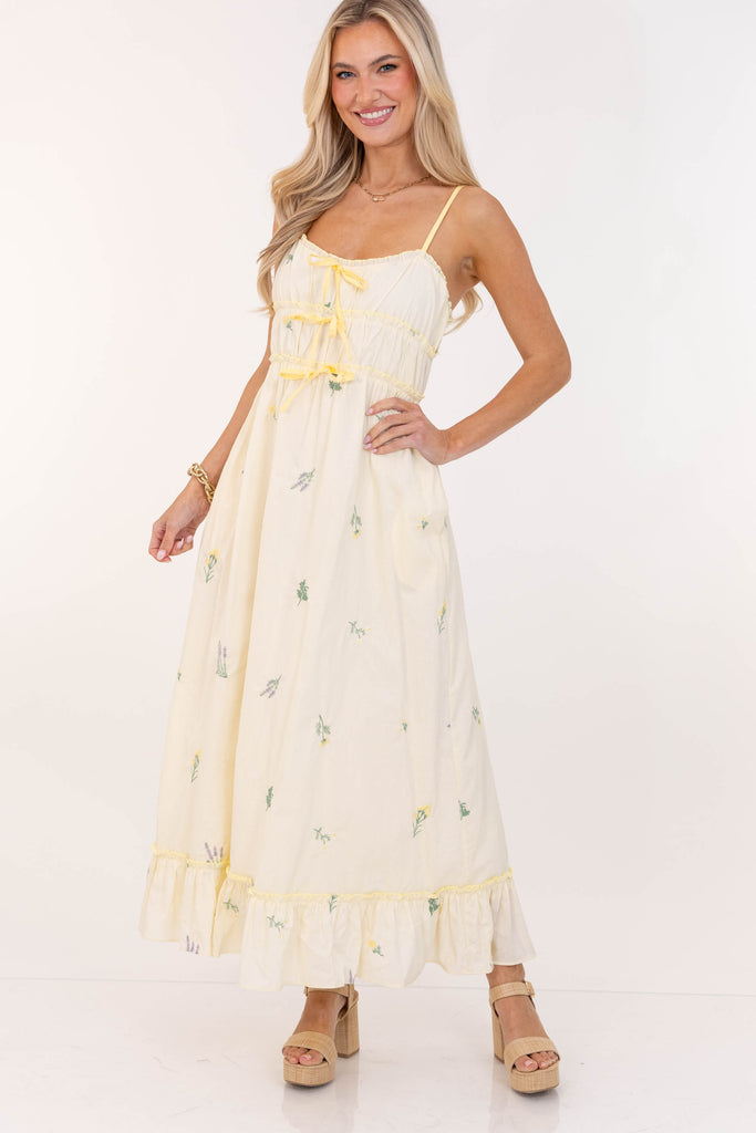 Sweetest Devotion Yellow Embroidered Midi Dress