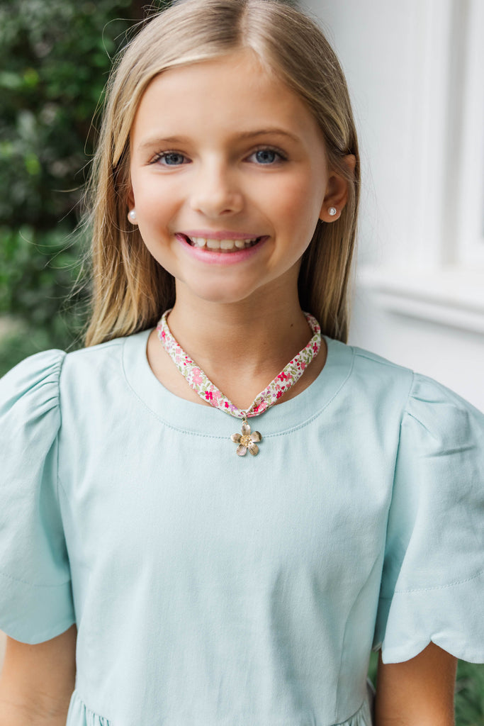 Girls: Charmed With Love Pink Flower Charm Scarf Necklace, One Size - The Mint Julep Boutique | Women's Boutique Clothing Girls: Charmed With Love Pink Flower Charm Scarf Necklace, One Size - The Mint Julep Boutique | Women's Boutique Clothing