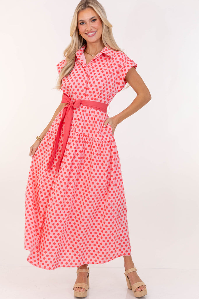 maxi red polka dot dress Feeling Inspired Pink Polka Dot Maxi Dress, X-Small - The Mint Julep Boutique