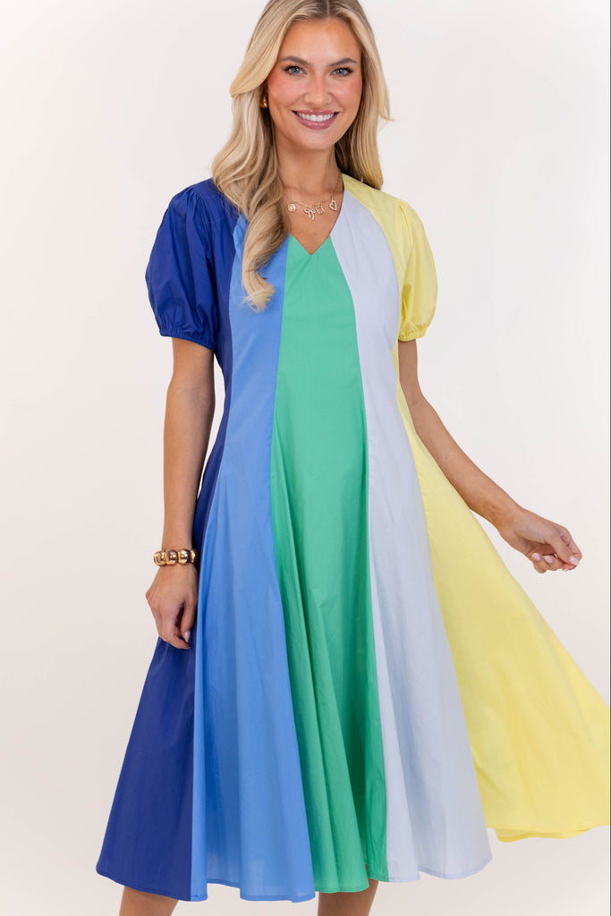 Feeling Settled Blue Colorblock Midi Dress
