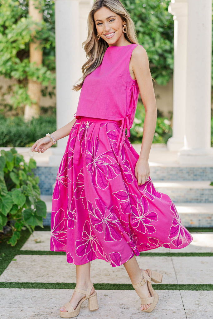 Here For The Memories Fuchsia Embroidered Floral Midi Skirt – Shop