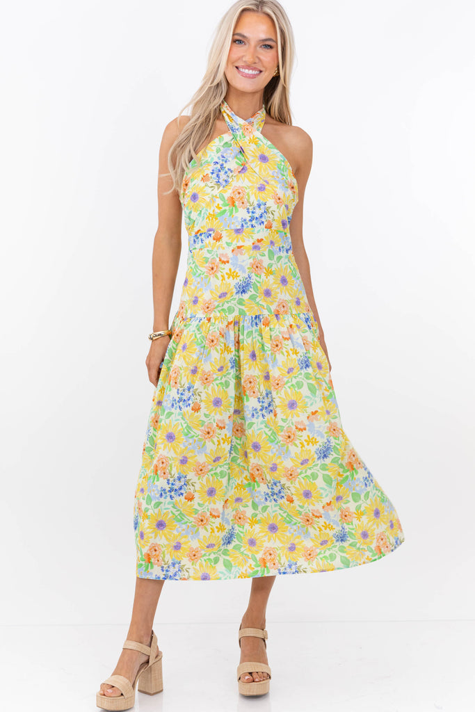 Exactly What You Needed Yellow Floral Halter Midi Dress, Large - The Mint Julep Boutique | Women's Boutique Clothing Exactly What You Needed Yellow Floral Halter Midi Dress, Large - The Mint Julep Boutique | Women's Boutique Clothing