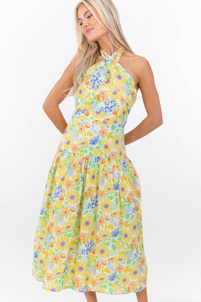 yellow halter midi dress Exactly What You Needed Floral Dress, X-Small - The Mint Julep Boutique tie halter neck Concealed The Ultimate Guide to Pants/waist size:36 Navy Blue/Gold