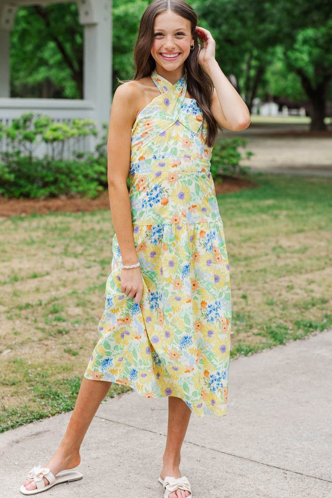 Girls: Exactly What You Needed Yellow Floral Halter Midi Dress, (14/16) - The Mint Julep Boutique