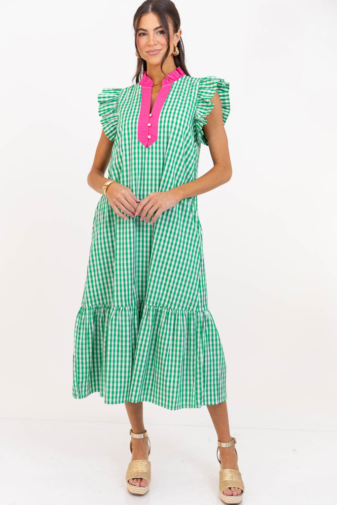 just for you midi dress Just Right For You Green Gingham Midi Dress – Shop the Mint