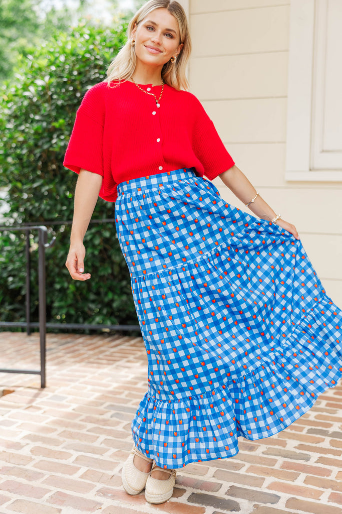 Getting Close Blue Apple Gingham Midi Skirt – Shop the Mint