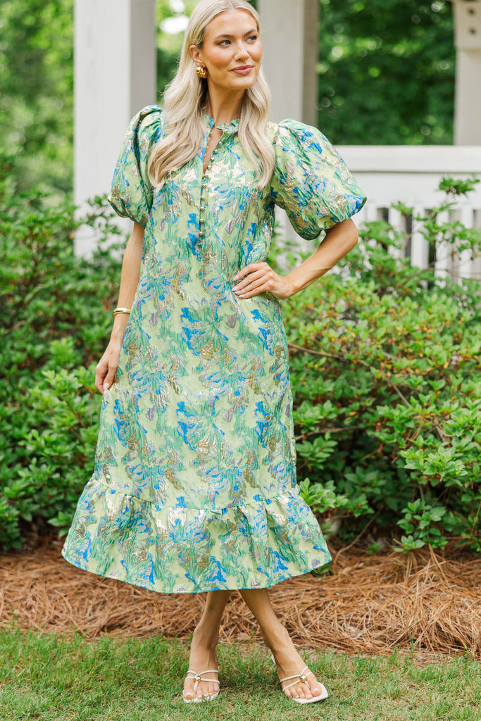 See The Light Green Brocade Midi Dress – Shop the Mint