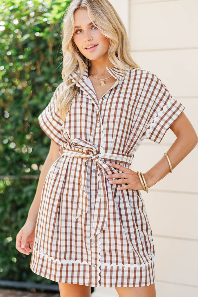Bringing It With Heart Brown Gingham Shift Dress – Shop the Mint