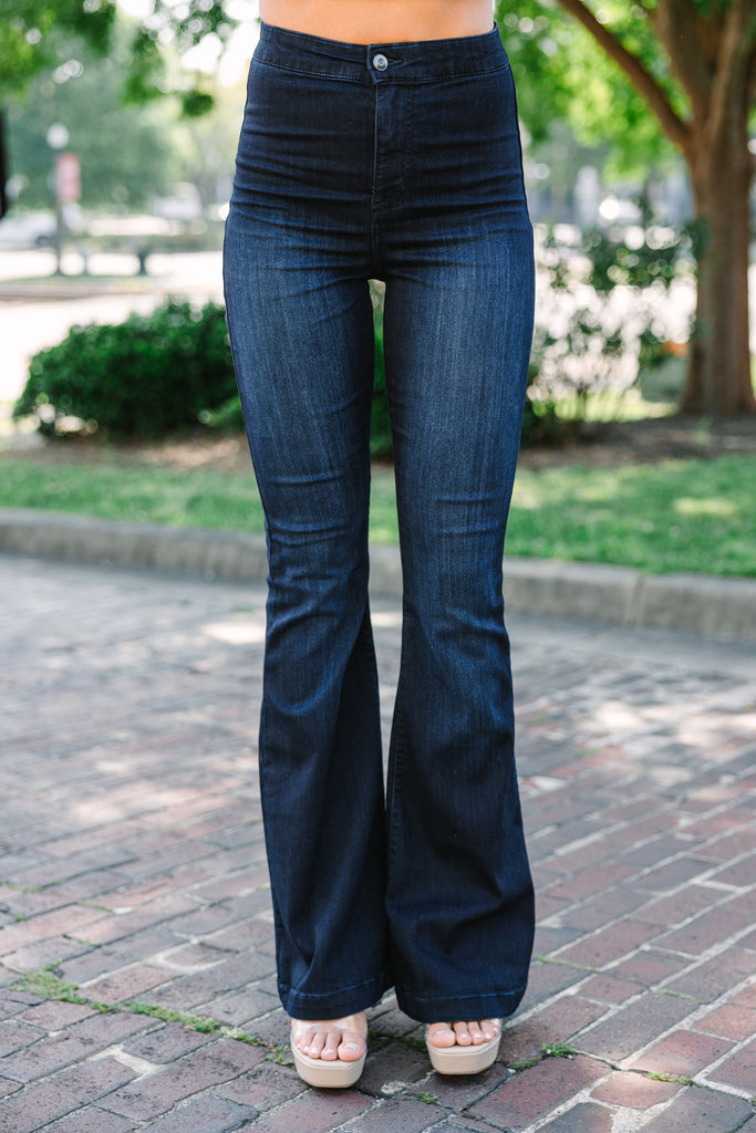 Trendy Dark Wash Flare Jeans Wide Leg – Shop The Mint, 56% OFF