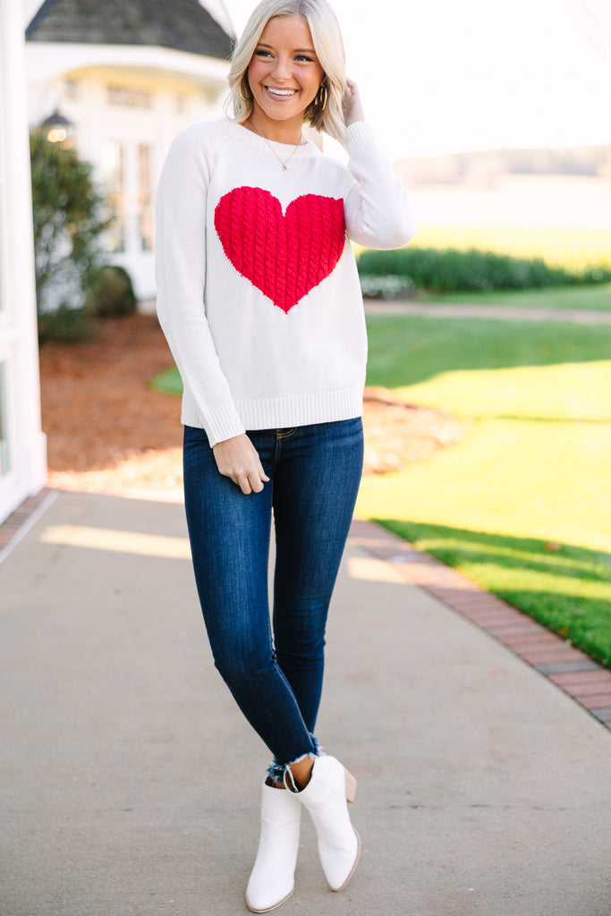 Precious Ivory and Red Heart Sweater Cute Women's Sweaters