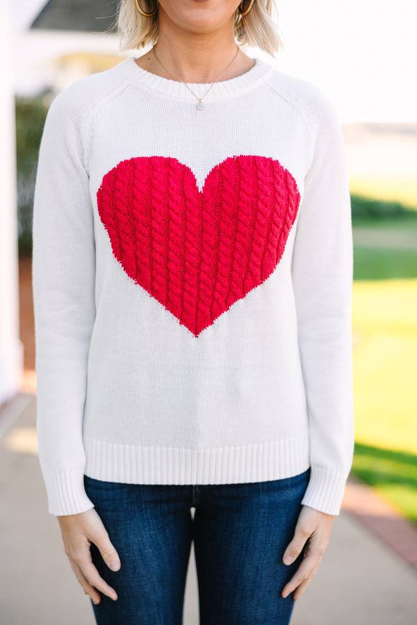 All For Love Ivory and Red Heart Sweater