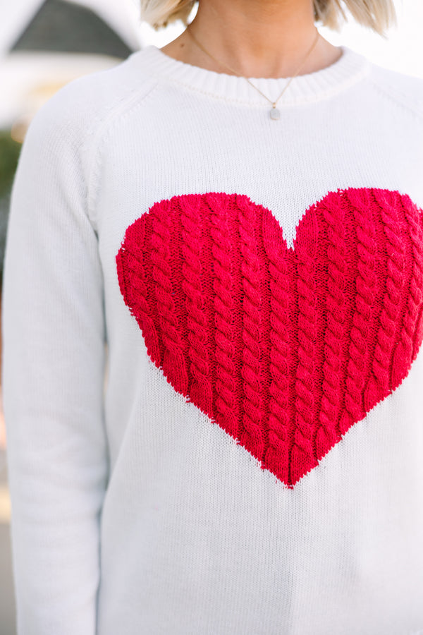 All For Love Ivory and Red Heart Sweater