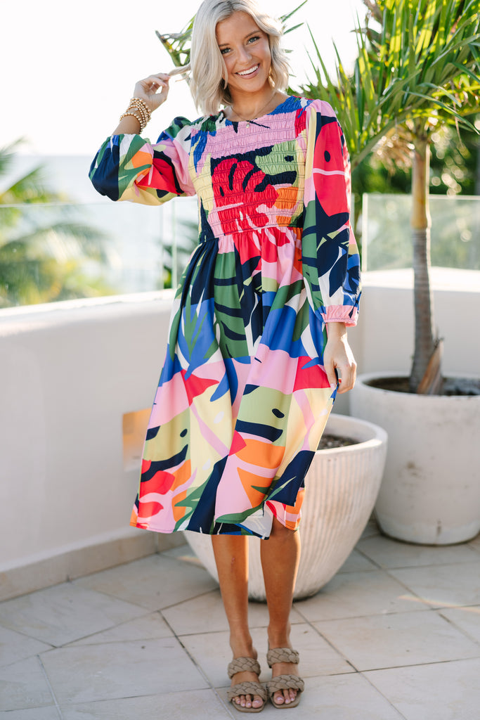 Navy Abstract Print Short Sleeve Midi Dress main image 0