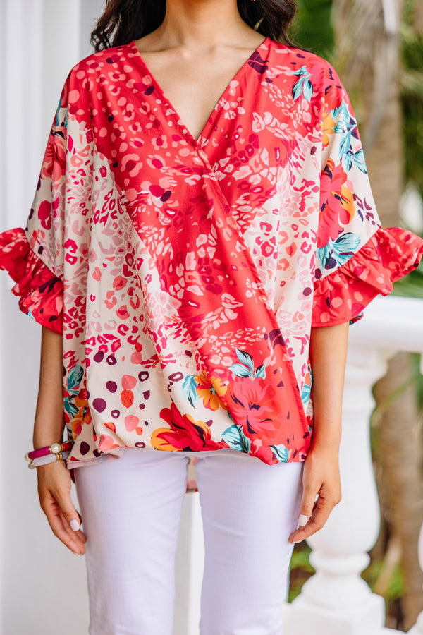 Be So Bold Coral Red Mixed Print Top